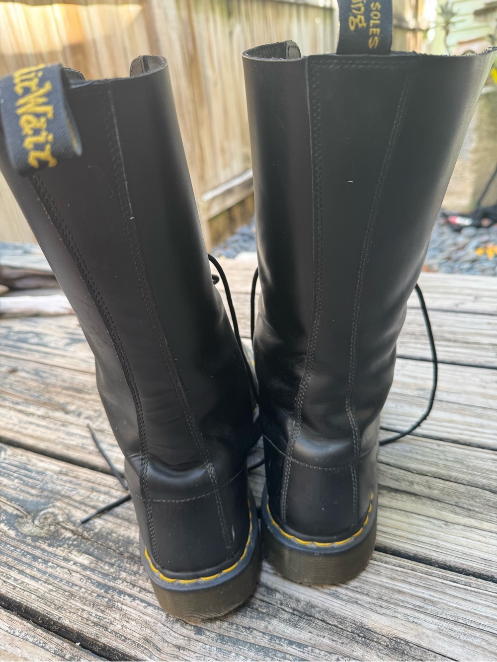 Dr. Martens AirWair Black Leather Lace-Up Combat Boots with Yellow Stitching - Picture 5 of 9